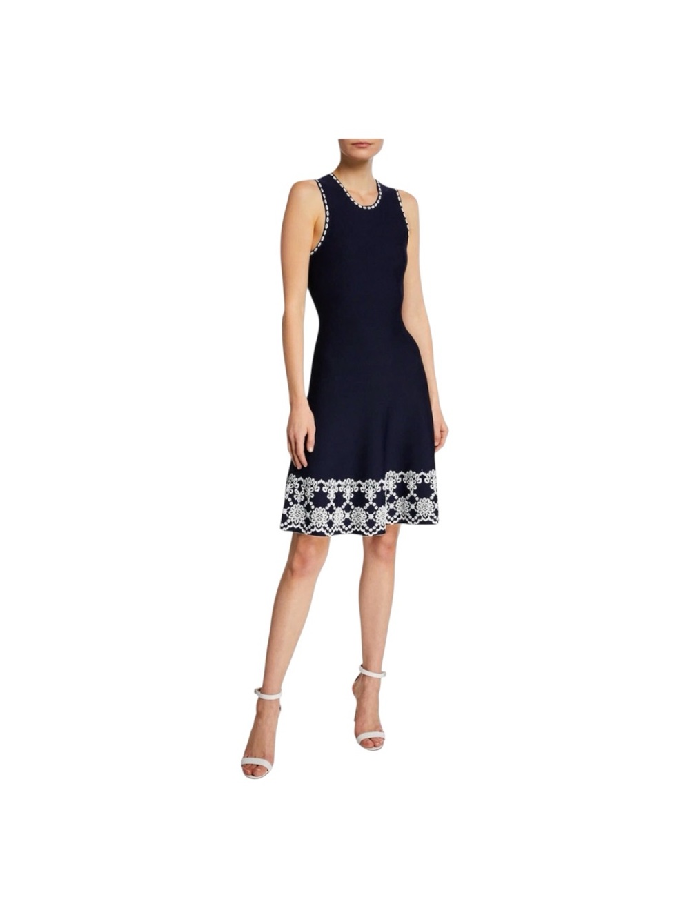 Shoshana.   Navy White Caterina knit Sleeveless Pull-On Style Midi Dress 8